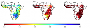 Percentage overlap between historical and 2025 (left), 2050 (middle), and 2075 (right) simulated growing season average temperature over African maize area. Dark blue colors represent 100% overlap between past and future climates, dark red colors represent 0% overlap.