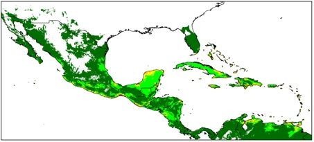 Figure 1. Distribution and climate model of perennial forms of G. hirsutum in Mesoamerica and the Caribbean (global sample). Climate suitability is indicated by background color from unfavorable (no color) to marginal (dark green) or increasingly favorable (light green and warmer colors). 