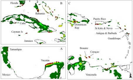 Figure 2. Climate model for truly wild cotton (TWC) distribution. Climate suitability as in Fig.1. A. Gulf of Mexico. B. Florida and western Greater Antilles. C. Venezuela and eastern Caribbean.